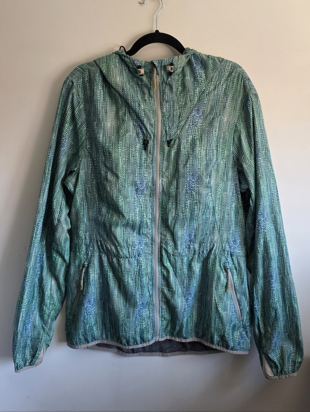 Bench Lightweight Windbreaker Jacket Hooded Zip Up Green Blue Pixel Print XL
